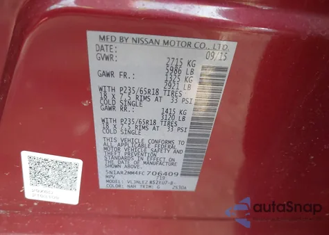 2015 Nissan Pathfinder Sv из США, поврежденный, VIN 5N1AR2MM4FC706409